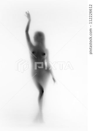 Blurred silhouette of tender female body. Promotional material for women's health, focusing on body positivity. Monochrome image 112226612