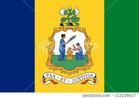 The official current flag and coat of arms of Saint Vincent and the Grenadines. State flag of Saint Vincent. Illustration. The official current flag and coat of arms of Saint Vincent and the Grenadines. State flag of Saint Vincent. Illustration. 112226617