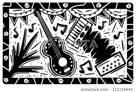 Brazilian cordel style woodcut illustration. Party concept. Musical instruments, flags and notes. 112226645