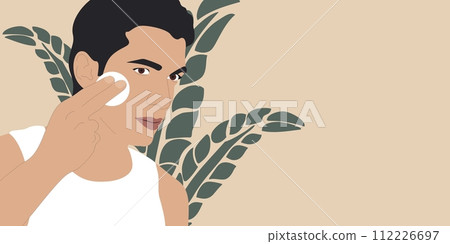 Man cleaning face skin with batting cotton pad. Beautiful young guy using cotton pad after shave. Men's skin care routine concept. Vector illustration. Man cleaning face skin with batting cotton pad. Beautiful young guy using cotton pad after shave. Men's skin care routine concept. Vector illustration. 112226697