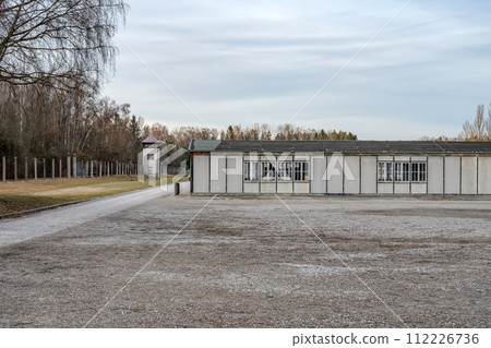Old World War 2 Watchtower in the Dachau Concentration camp memorial Old World War 2 Watchtower in the Dachau Concentration camp memorial 112226736