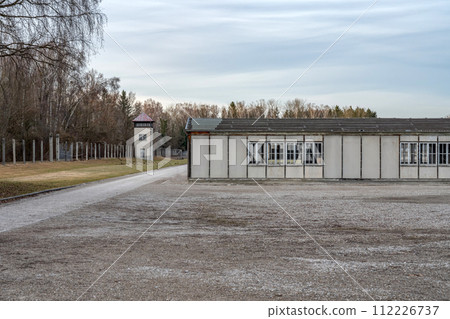 Old World War 2 Watchtower in the Dachau Concentration camp memorial Old World War 2 Watchtower in the Dachau Concentration camp memorial 112226737