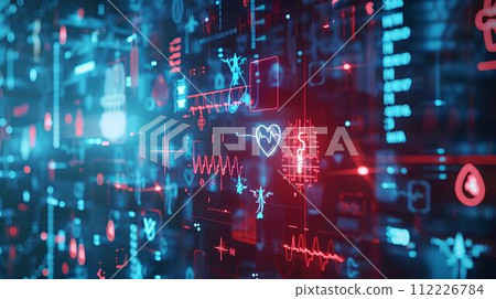 Abstract electronic circuit board with Futuristic medical interface with graphs and charts. Data for doctor technology modern medical concept Abstract electronic circuit board with Futuristic medical interface with graphs and charts. Data for doctor technology modern medical concept 112226784