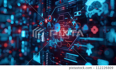 Abstract electronic circuit board with Futuristic medical interface with graphs and charts. Data for doctor technology modern medical concept 112226809
