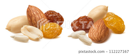 Almond, peanut, sunflower seeds, yellow and red raisins set isolated on white background 112227167