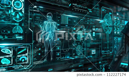 Futuristic medical illustration of human skeleton in blue background with hud elements. modern technology medical concept Futuristic medical illustration of human skeleton in blue background with hud elements. modern technology medical concept 112227174