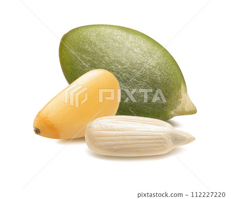 Pine tree nut, green pumpkin and sunflower seeds isolated on white background Pine tree nut, green pumpkin and sunflower seeds isolated on white background 112227220