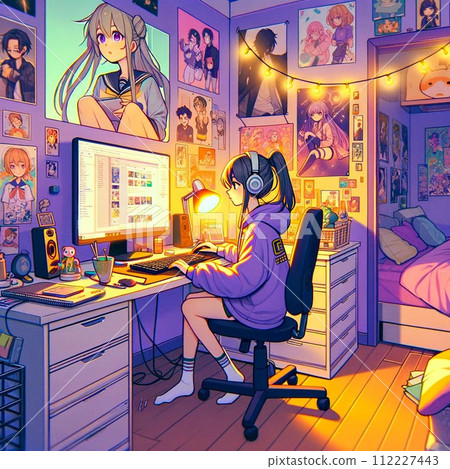 Girl working on computer Otaku illustration 112227443