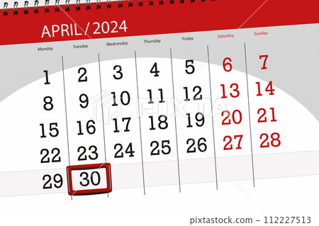 Calendar 2024, deadline, day, month, page, organizer, date, April, tuesday, number 30 112227513
