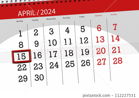 Calendar 2024, deadline, day, month, page, organizer, date, April, monday, number 15 112227531