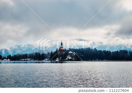 lake bled view on island with a church 112227604