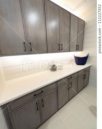 This laundry room blends functionality with style, featuring tall gray cabinets for plentiful storage and a long, elegant countertop for easy folding and organization. 112227852