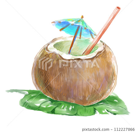 熱帶椰子汁覆蓋著葉子並裝飾著遮陽傘的水彩插圖 112227866