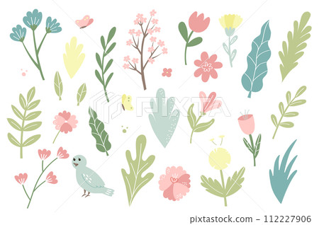 Flower collection with leaves, bird, grass. Spring art print with botanical elements. Happy Easter. Doodle style. Pastel icons for the spring holiday isolated on a white background. Flower collection with leaves, bird, grass. Spring art print with botanical elements. Happy Easter. Doodle style. Pastel icons for the spring holiday isolated on a white background. 112227906