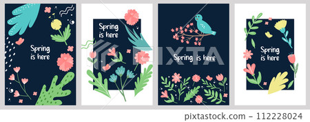 Set of spring summer postcard templates in trendy style. Vector illustration in collage design. Set of spring summer postcard templates in trendy style. Vector illustration in collage design. 112228024