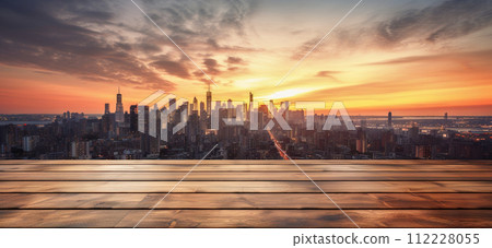 Wood table mockup with big city cityscape on background. Empty copy space for product presentation. Generative AI 112228055