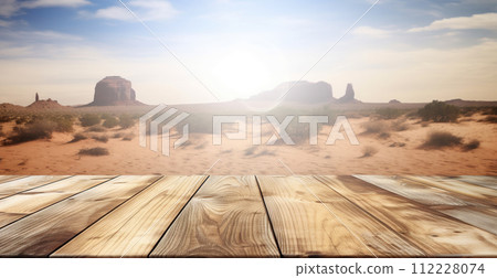 Wood table mockup with desert on background. Empty copy space for product presentation. Generative AI 112228074