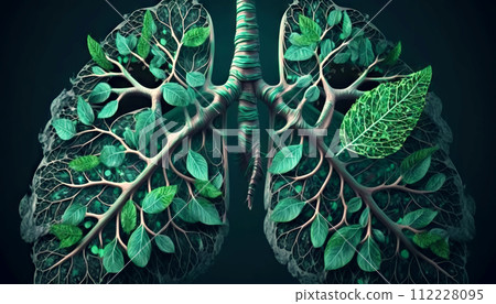Leaves and branches in form of human lungs. Forest as lungs of planet concept. Generative AI 112228095