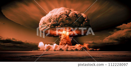 Nuclear explosion in the desert. Nuke bomb mushroom radioactive cloud. Generative AI 112228097