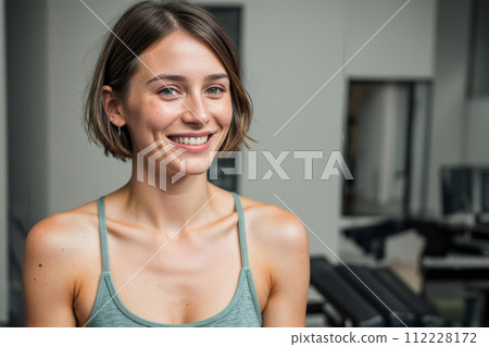 Smiling Young Woman Posing in a Gym With Cardio Equipment in the Background Smiling Young Woman Posing in a Gym With Cardio Equipment in the Background 112228172