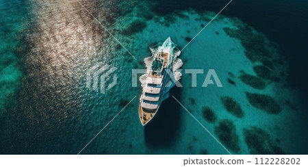 Top view on luxury yacht in paradise turquoise ocean water. Generative AI 112228202