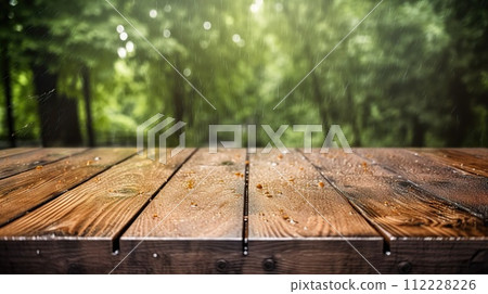 Wood table mockup with summer rain over green landscape. Empty copy space for product presentation. Generative AI Wood table mockup with summer rain over green landscape. Empty copy space for product presentation. Generative AI 112228226