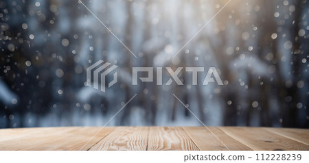 Wood table mockup with falling snow on background. Empty copy space for product presentation. Generative AI 112228239