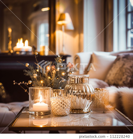 Christmas home decor, country cottage style house decoration for an English countryside home interior design, winter holiday celebration and festive atmosphere, Merry Christmas and Happy Holidays 112228240