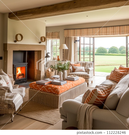 Cottage interior with modern design and antique furniture, home decor, sitting room and living room, sofa and fireplace in English country house and countryside style 112228246