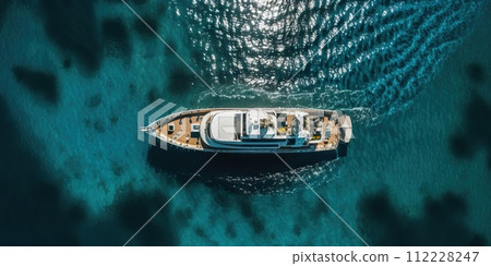 Top view on luxury yacht in paradise turquoise ocean water. Generative AI Top view on luxury yacht in paradise turquoise ocean water. Generative AI 112228247