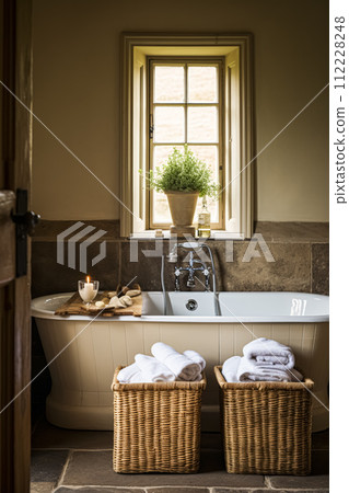 Cottage bathroom decor, interior design and wicker home decor and candles, bathtub and bathroom furniture, English country house and countryside style 112228248