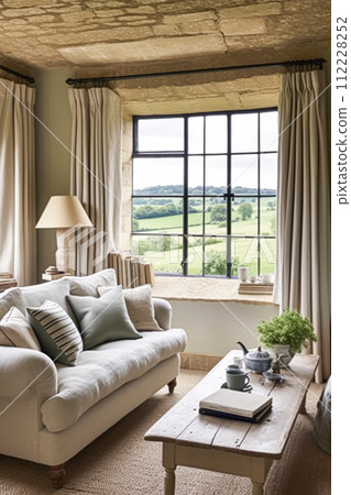 Modern cottage sitting room, living room interior design and country house home decor, sofa and lounge furniture, English Cotswolds countryside style Modern cottage sitting room, living room interior design and country house home decor, sofa and lounge furniture, English Cotswolds countryside style 112228252