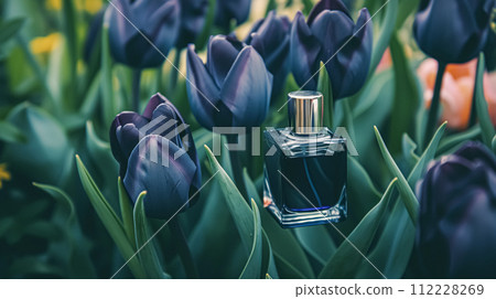 Perfume bottle in flowers, fragrance on blooming background, floral scent and cosmetic product Perfume bottle in flowers, fragrance on blooming background, floral scent and cosmetic product 112228269