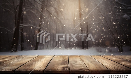 Wood table mockup with falling snow on background. Empty copy space for product presentation. Generative AI Wood table mockup with falling snow on background. Empty copy space for product presentation. Generative AI 112228287