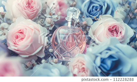 Perfume bottle in flowers, fragrance on blooming background, floral scent and cosmetic product 112228288