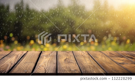 Wood table mockup with summer rain over green landscape. Empty copy space for product presentation. Generative AI 112228299