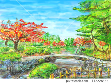 Kenrokuen Garden in autumn, autumn leaves reflected on the water surface Kenrokuen Garden in autumn, autumn leaves reflected on the water surface 112228336