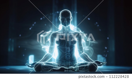 Human meditate in lotus pose with blue energy flow through his body. Transcendental yoga or prayer. Generative AI Human meditate in lotus pose with blue energy flow through his body. Transcendental yoga or prayer. Generative AI 112228428