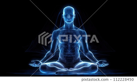 Human meditate in lotus pose with blue energy flow through his body. Transcendental yoga or prayer. Generative AI Human meditate in lotus pose with blue energy flow through his body. Transcendental yoga or prayer. Generative AI 112228450