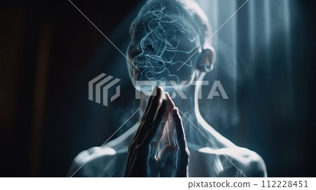 Meditating human with energy flow through his body. Transcendental yoga or prayer. Sacral enlightment. Generative AI 112228451