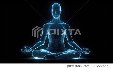 Human meditate in lotus pose with blue energy flow through his body. Transcendental yoga or prayer. Generative AI Human meditate in lotus pose with blue energy flow through his body. Transcendental yoga or prayer. Generative AI 112228452