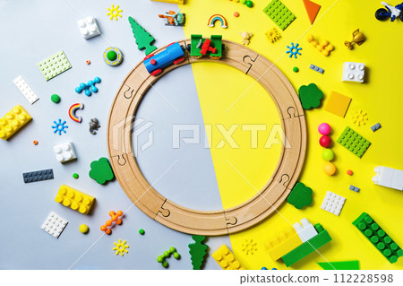 Banner with Set of different children's toys, Top view, flat lay. 112228598
