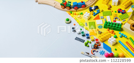 Banner with Set of different children's toys, Top view, flat lay. 112228599