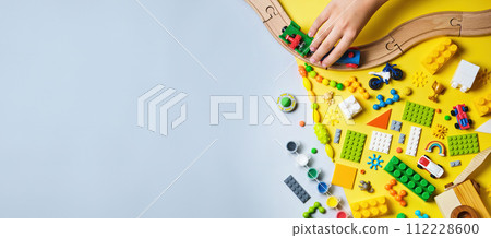 Banner with Set of different children's toys, Top view, flat lay. 112228600