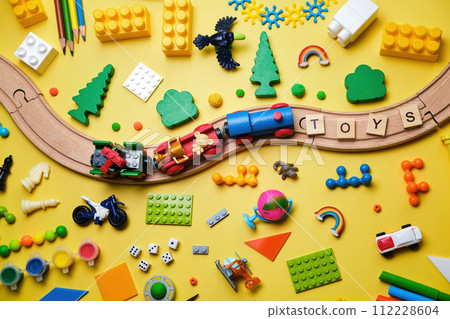 Banner with Set of different children's toys, Top view, flat lay. 112228604