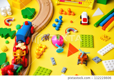 Set of different children's toys, Top view Set of different children's toys, Top view 112228606