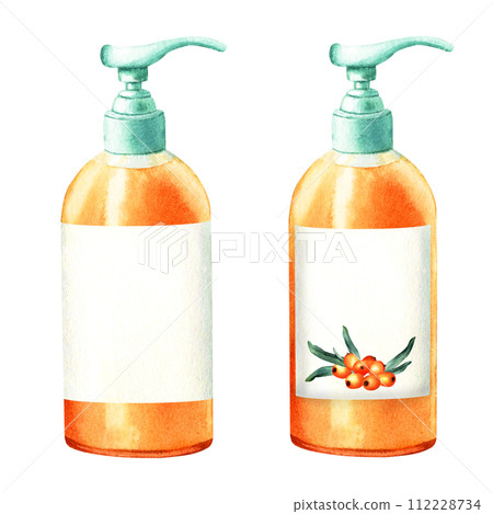 A set of dish or hand soap dispenser with label for kitchen or bathroom. Hand drawn watercolor illustration isolated on white background. For clip art label package 112228734