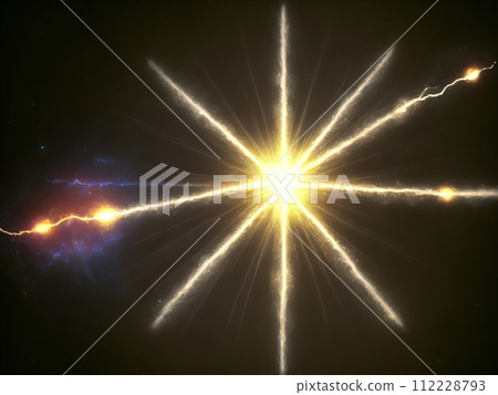 Photon, quantum, particle of light. Light and particle interplay on subject of science, education, computing and modern technology. Created with generative AI tools 112228793