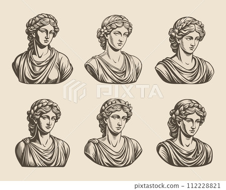 Set of hand drawn heads of antique mythical goddess statues in engraving style. Ancient Greek female sculptures. Vector 112228821
