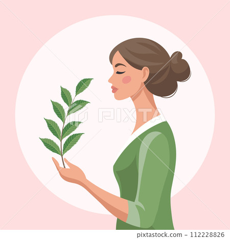 Woman holding tree branch, mental health, self care, gardening or environmental concept. Illustration. Vector 112228826